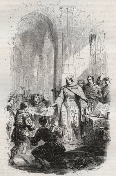 Ermesinde, hraběnka z Lucemburska - Listina poštovného udělená Ermesinde Iere Lucemburskou obyvatelům Lucemburska v roce 1243 - Rytina z roku 1868 v „Dějinách Belgie od primitivních dob do konce Leopolda I“ od Theodora Justeho (1818-1888) - od Unknown artist