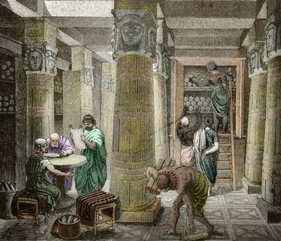 Erudité v Alexandrijské knihovně, zničené v roce 642, Egypt) (Pohled na knihovnu Alexandrie, Egypt) 19. století (rytina) od Unknown artist