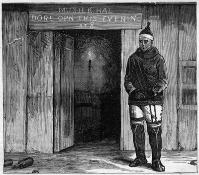 Eskymák z ostrova Disko (Qeqertarsuaq) Grónsko na konci 19. století. rytina z roku 1884 od Unknown artist