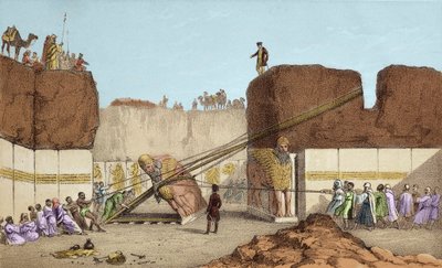 Vykopávky Ninive (Nineveh) - ruiny Nimrud (Nimroud) od Henriho Layarda (po jeho cestě do Mezopotámie v 19. století); výměna velkého býčího křídla - Zásilka okřídleného býka z Nimrudu během vykopávek sira Austena Henryho od Unknown artist