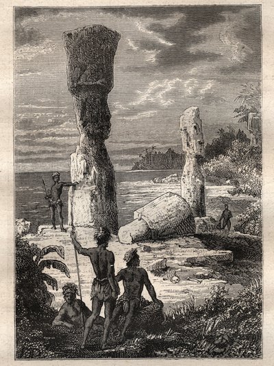 Expedice kolem světa (1785-1788) Jeana Francoise Galaupa de La Perouse (1741-1788): domorodci z Velikonočního ostrova při pohledu na monumentální sochy (Moai) - ilustrace převzata z „Velkých námořníků 18. století““ od Unknown artist