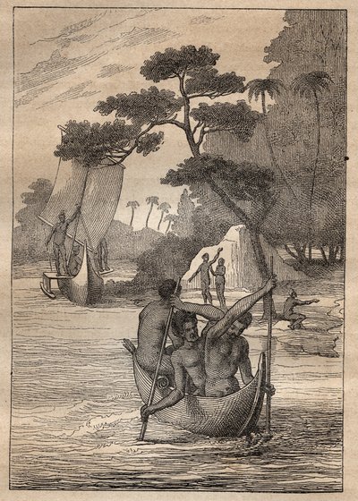 Expedice Nicolase Thomase Marion-Dufresne (Marion Dufresne) (1729-1772): kánoe z ostrovů Admiraut (Bismarckovo souostroví, Papua Nová Guinea) - ilustrace převzata z „“Velcí námořníci 18. století“““ od Unknown artist