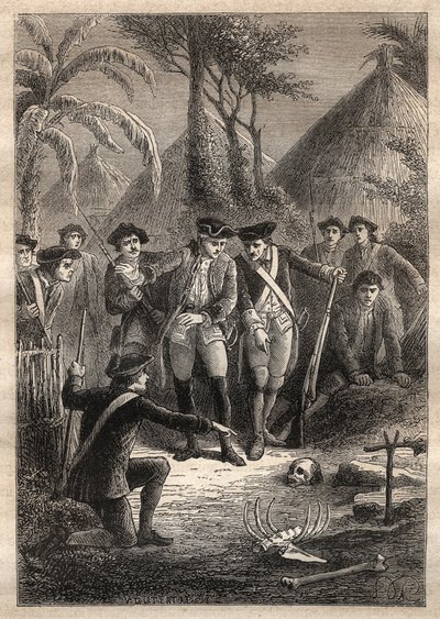 Expedice Nicolase Thomase Marion-Dufresne (Marion Dufresne) (1729-1772): při hledání Marion a jejich zmizelých kamarádů objeví námořníci lebku a lidské ostatky ve vesnici Tacouri (ostrov Matuaro, Nový Zéland) - ilustrace převzata z “ Gr od Unknown artist