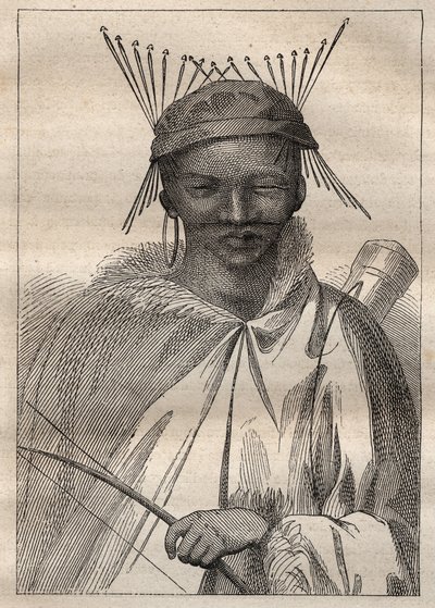 Expedice do nitra zemí Jižní Afriky (1775) Anderse Sparrmana (1748-1820): boschiman (Bochiman nebo San, pocházející z jižní Afriky) - ilustrace převzata z „Velkých námořníků 18. století““ od Unknown artist