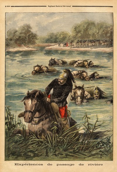 Zkušenost s průchodem řeky 7. plukem draků ve Fontainebleau. Rytina v „“ Le petit journal“ 6/09/1896. Selva sbírka. od Unknown artist