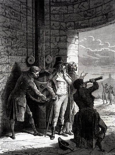 Experiment Chappeho telegrafu uskutečněný 12. července 1793 z Ménilmontantu do Saint-Martin-du-Tertre před komisaři Konventu – v „“The Wonders of the industry”” od Louise Figuiera od Unknown artist