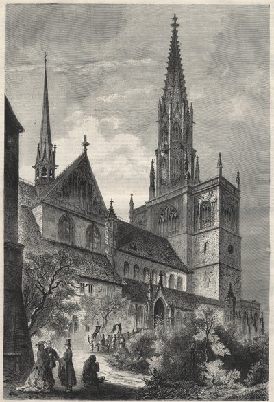 Vnější pohled na katedrálu Notre Dame v Kostnici, Německo. Gravírování v „The Universe Ilustrious“ od Unknown artist