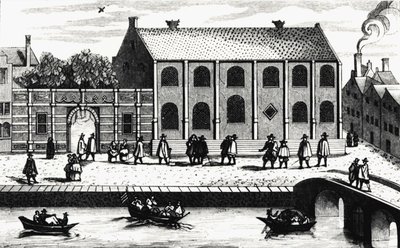 Vnější pohled na budovu univerzity v Leidenu založené v roce 1575 Guillaume de Nassau. Rytina po „“ Illustrium Hollandiae atd., Ordinum, Alma academia Leydensis““ od Unknown artist