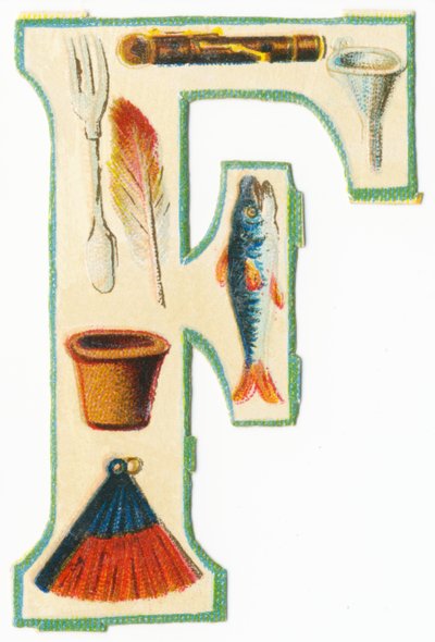 F: vidlička, flétna, nálevka, květináč, pírko, ryba, vějíř (barva litho) od Unknown artist