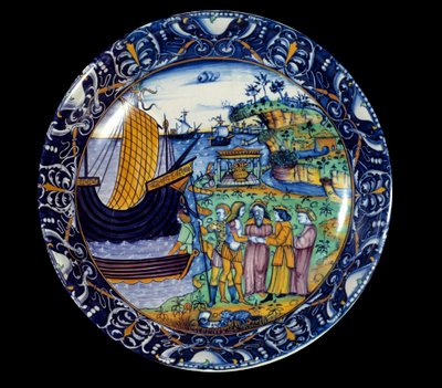 Fajánsový pokrm představující příchod Enee do Delosu obdržel král Arius. 1497 Sevres, Národní muzeum renesance od Unknown artist