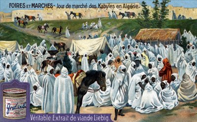 Veletrhy a trhy: Kabylský trhový den v Alžírsku. Chromolitografie, Liebigův snímek. od Unknown artist