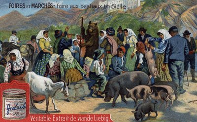Veletrhy a trhy: dobytčí jarmark na Sicílii. Chromolitografie, Liebigův snímek. od Unknown artist