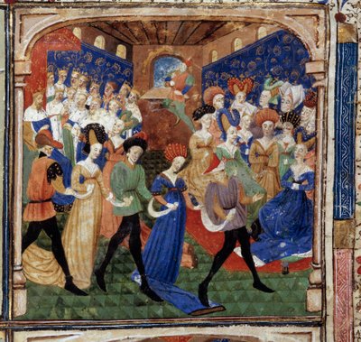 Hostina na dvoře krále Artuše Královnu Genievre obklopuje 12 králů. Miniatura z rukopisu „Román Quete of the Grail““ 1450-1460 Dijon. Městská knihovna od Unknown artist