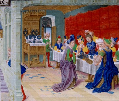 Scéna s hodovým jídlem, na stole se podává páv. Miniatura převzatá z „La Vraye Histoire du Bon Roy Alixandre““ od Callisthenes nebo Kallisthenes (asi 360-328 př.nl) od Unknown artist