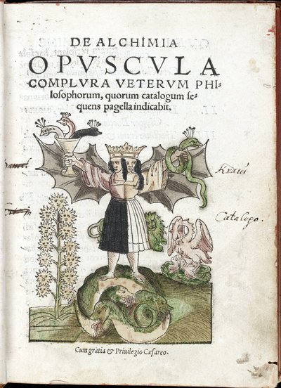 Korunovaná žena s dvojí tváří, stojící na monstrózním zvířeti, které se ohání pohárem a hadem - Frontispis sbírky De Alchimia opvscvla complvra vetervm philosophorum (Dílo alchymie podle antických filozofů) Cyriaca Jacoba (akt od Unknown artist
