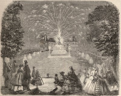 Ohňostroj a osvětlení zámku Maison Laffitte (House-Laffitte) večer soutěže zemědělského výboru. Rytina v „Le Monde illustrious““ z roku 1857. Soukromá sbírka. od Unknown artist