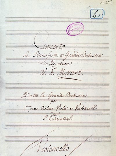 První strana notového záznamu pro Koncert pro klavír a velký orchestr d moll od Mozarta, verze Lichtenthal (19. století) od Unknown artist
