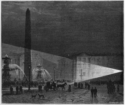 První veřejná zkušenost s elektrickým osvětlením vyrobeným v Paříži na Place de la Concorde od Deleuila a Leona Foucaultových v prosinci 1844. v „“ La Nature. Přehled věd a jejich aplikací v umění a průmyslu.“ od Unknown artist