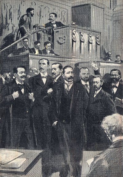 První zasedání Poslanecké sněmovny zvoleno v roce 1898: Paul Deschanel (1855-1922), předseda Poslanecké sněmovny. Paul Adolphe Granier de Cassagnac (1842-1904), Lucien Millevoye (1850-1918), Paul Deroulede (1846-1914), Jacques Piou (1838-1932), Eugen od Unknown artist