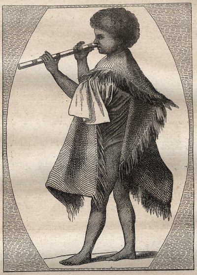 První plavba (1768-1771) kapitána Jamese Cooka (1728-1779): Hráč na tahitskou flétnu - ilustrace převzata z „“The Great Mariners of the 18th century““ od Unknown artist