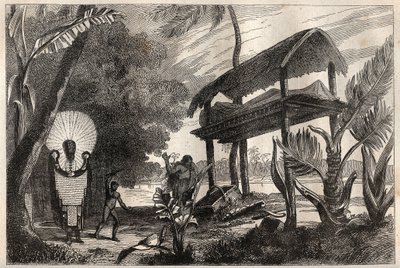 První plavba (1768-1771) kapitána Jamese Cooka (1728-1779): fia-toka (fia toka), pohřební budova na Tahiti - ilustrace převzata z „“Velkých námořníků 18. století““ od Unknown artist