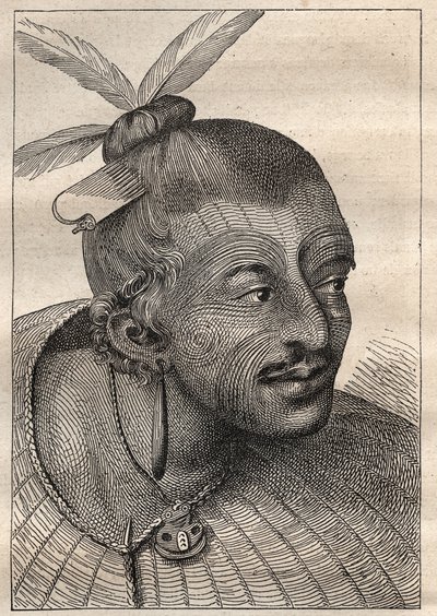 První plavba (1768-1771) kapitána Jamese Cooka (1728-1779): vytetovaná hlava Neo-Zelandais (Neo Zelandais) - ilustrace převzata z „Velkých námořníků 18. století““ od Unknown artist