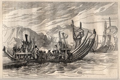 První plavba (1768-1771) kapitána Jamese Cooka (1728-1779): Tahitská flotila se shromáždila v Oparee - ilustrace převzata z „Velkých námořníků 18. století““ od Unknown artist