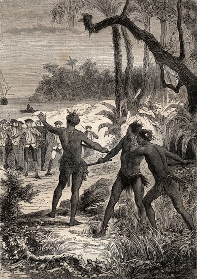 První plavba (1768-1771) kapitána Jamese Cooka (1728-1779): Zatímco Cook a deset námořníků pluje na poledníkové pobřeží Nové Guineje, z lesa se s velkým křikem vynořili tři Indové - ilustrace převzata z „The Great Mariners of 18. století“ od Unknown artist