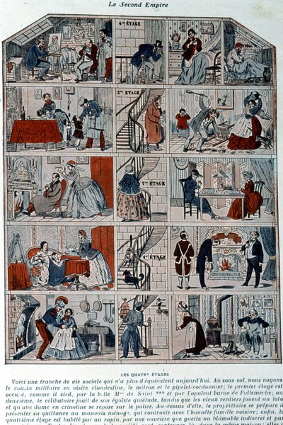 Pět pater ukazuje různé společenské třídy za druhé říše. Ilustrace reprezentovaná jako průřez pařížskou budovou. od Unknown artist