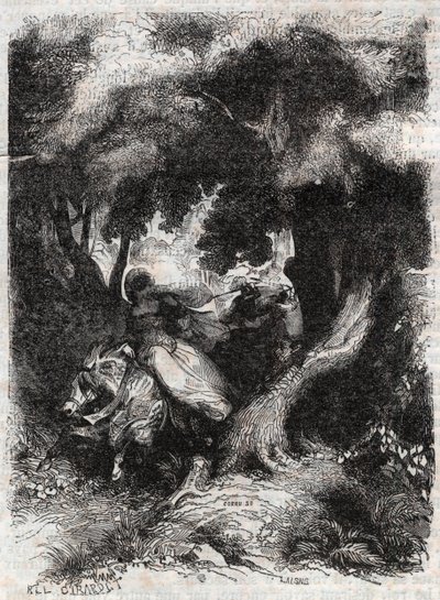 Let Angeliky (Angelica) během bitvy – rytina z roku 1851 z „“Zuřivého Rolanda““ (Orlando furioso) (16. století) od Ludovica Ariosta, známého jako Ariosta – vydání přeložené z italštiny hrabětem z Tressanu a vydané Gustavem Harva od Unknown artist