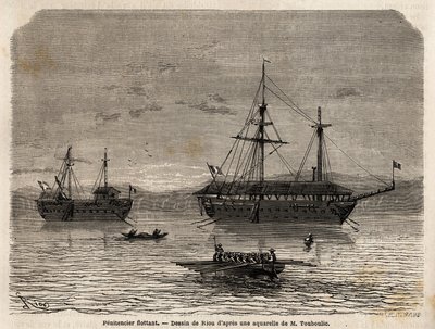 Plovoucí kajícníci z Francouzské Guyany, kolonie převedená do zajetí těch, kteří převzali soudy, a mužů, kteří museli zůstat. Rytina pro ilustraci plavby ve Francouzské Guyaně v letech 1862-1863 od Frederica Bouyera, kapitána fregaty, v „“ Le tou od Unknown artist