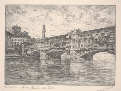 Florencie, Ponte Vecchio s věží, pravděpodobně konec 19. století (lept) od Unknown artist