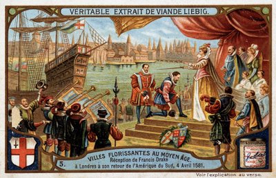 Kvetoucí města středověku: recepce Francise Drakea (1542-1596) v Londýně (Anglie), při jeho návratu z Jižní Ameriky, 4. dubna od Unknown artist