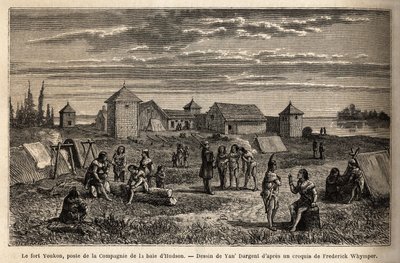 Fort Youkon, v zálivu Norton, Aljaška, založený v roce 1847, založení společnosti Hudson Bay Company, indiáni tábořili kolem palisád. Rytina k ilustraci plavby a dobrodružství v anglické Kolumbii, na ostrově Vancouver a na Aljašce, Frederick od Unknown artist