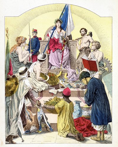 Francie, pod rysy Marianne, obklopená svými personifikovanými koloniemi - v „Histoire de France““, E. Grobet, c. 1915 od Unknown artist