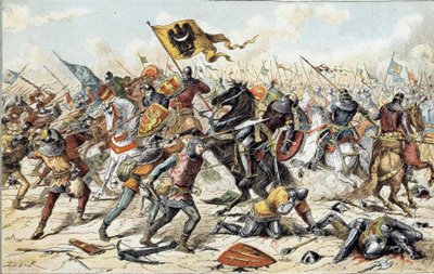 Francouzsko-anglická válka (1202-1214): Bitva u Bouvines dne 27.7.1214 mezi francouzskou armádou Philippa Augusta a Vlámy a Welfy z Othona IV. Francouzské vítězství bylo rozhodující ve výsledku války. 19. století. Paříž, Musee de l
