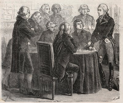 Francouzská revoluce: hrabě Louis Marie de Narbonne-Lara (Narbonne Lara) (1755-1813) ukazující své plány ve výborech shromáždění - rytina v „“The Illustrous World““ od Unknown artist