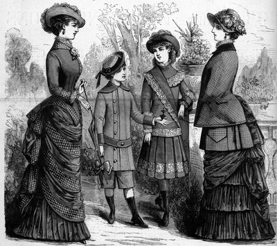Francouzská ženská a dětská móda v 19. století. Reklama z roku 1882. Rytina v „“The Illustrous World““ č. 1302 z 11. března 1882. od Unknown artist