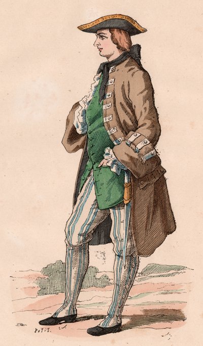Francouzský gentleman v loveckém kroji, na sobě kabát, vestu a trojrohý klobouk s dýkou v boku během XVIII. století (barevná rytina) od Unknown