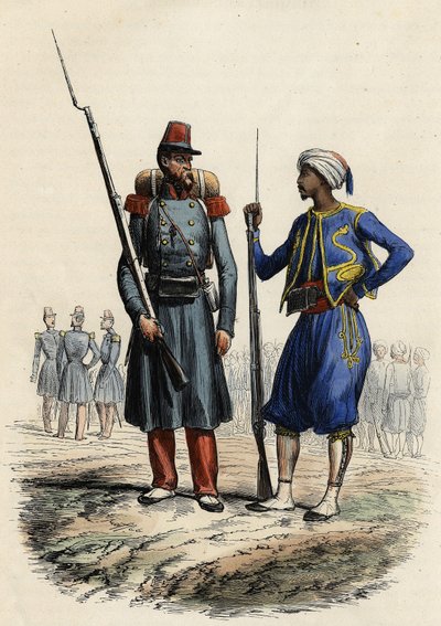 Francouzská vojenská uniforma: Vlevo cizinecká legie zformovaná a vyslaná do Alžírska v roce 1831. Vpravo domorodí jezdci, vycvičení a posláni do Alžírska v roce 1841. V L