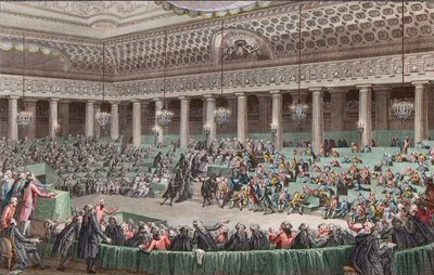 Francouzská revoluce - Národní shromáždění se vzdává všech privilegií, 4. srpna 1789, vyryto Helmanem - Assemblee - Nationale Abandonment de tous - les privilegia, Versailles, Seance de la - Nuit du 4 au 5 Avril 1789 od Unknown artist