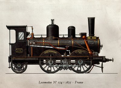 Francouzský vlak: Lokomotiva Numero 154 z roku 1855. Rytina. Paříž, dekorativní umění od Unknown artist