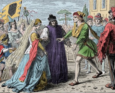 Fridrichovo přijetí Eleonory - Fridrich III. (Frederic V. Habsburský) (1415-1493), římský císař přijímá Alienora Portugalského (1434-1467) od Unknown artist