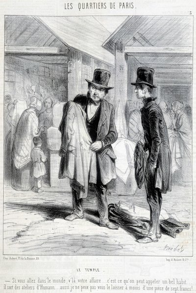Fripier z chrámové čtvrti v Paříži se snaží prodat oblečení muži. Rytina 19. století. od Unknown artist