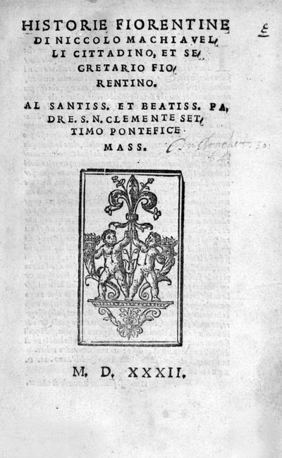 Frontispice of "" Historie Fiorentine od Niccola (od Bernarda dei) Machiavelli (Nicolas Machiavel od Unknown artist