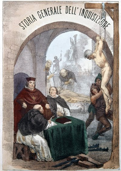 Frontispice Obecných dějin inkvizice od Pietra Tamburiniho s ilustrací zobrazující výjevy symbolické inkvizice. Milán 1850. od Unknown artist