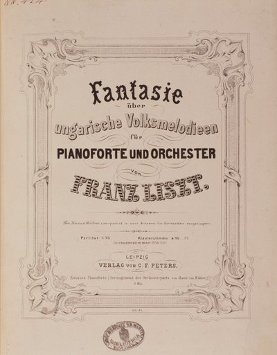 Frontispis partitury „Fantasy pro klavír a orchestr““ od Franze Liszta (1811-1886) Bologna 19. století, civilo museo musicale od Unknown artist