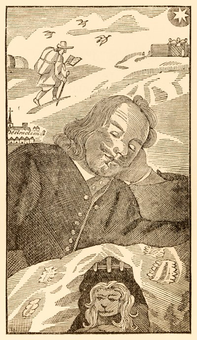 Frontispis z knihy Poutníci postupují z tohoto světa k tomu, co přijde od Johna Bunyana (1628-1688) zobrazující autora snícího o křesťanském poutníkovi zatíženém vědomím svého hříchu od Unknown