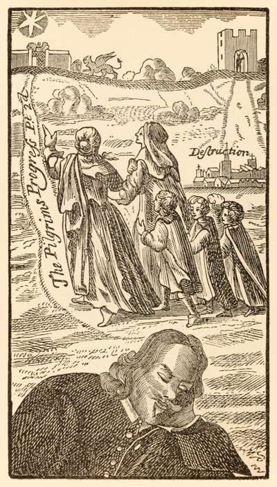Frontispis z druhé části knihy The Pilgrims Progress From This World, To What Is To Come od Johna Bunyana (1628-1688) zobrazující autora snícího o křesťanské rodině, jeho manželce Christiane an od Unknown