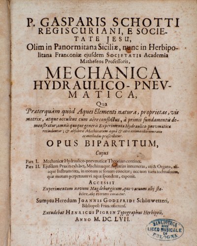 Frontispiece Mechanica Hydraulico Pneumatica od Gaspara Schotta od Unknown artist